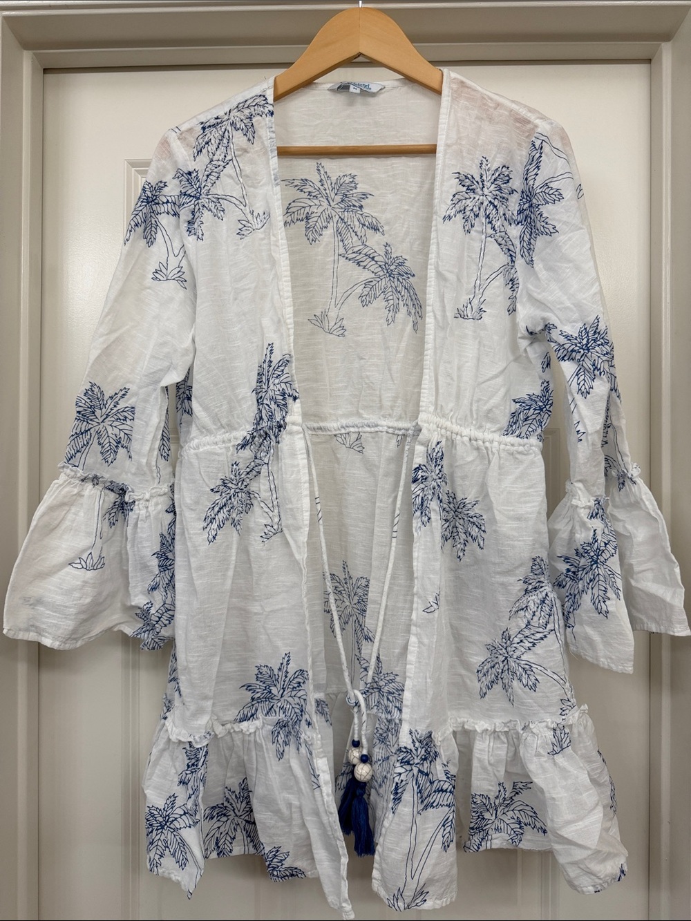 blue island White and Blue Palm-Print Swim Coverup with Tassel Tie